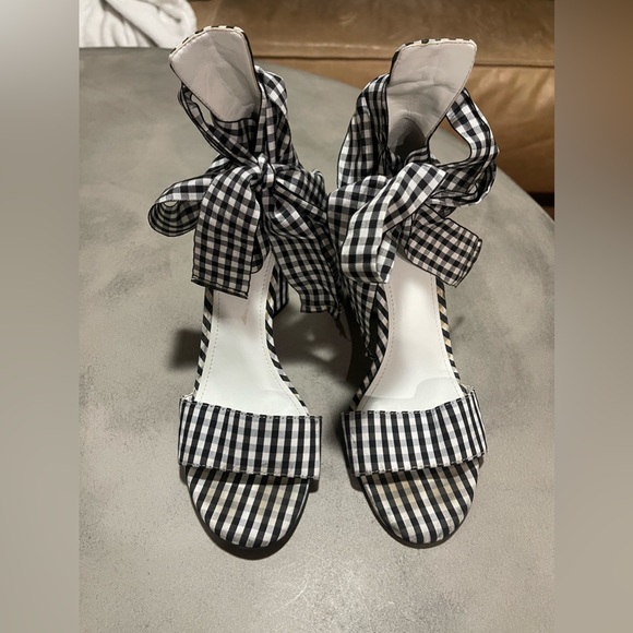 GUESS Allison Gingham Black and White Plaid Ankle Wrap Heels - Picture 2 of 3